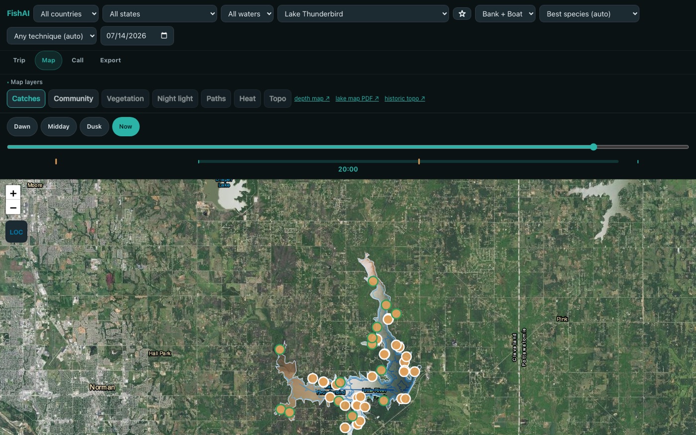 ReelyBiting fishing map with suggested fishing spots