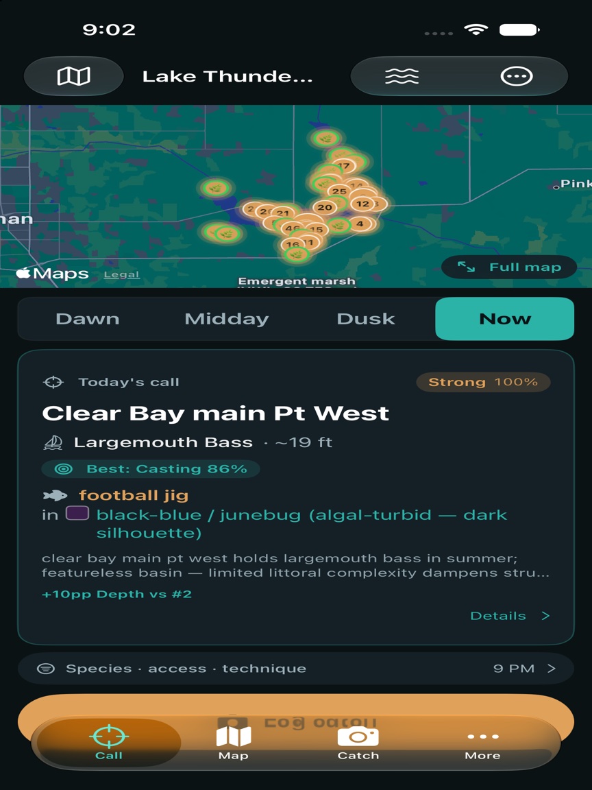 ReelyBiting fishing map and suggested spot on a phone