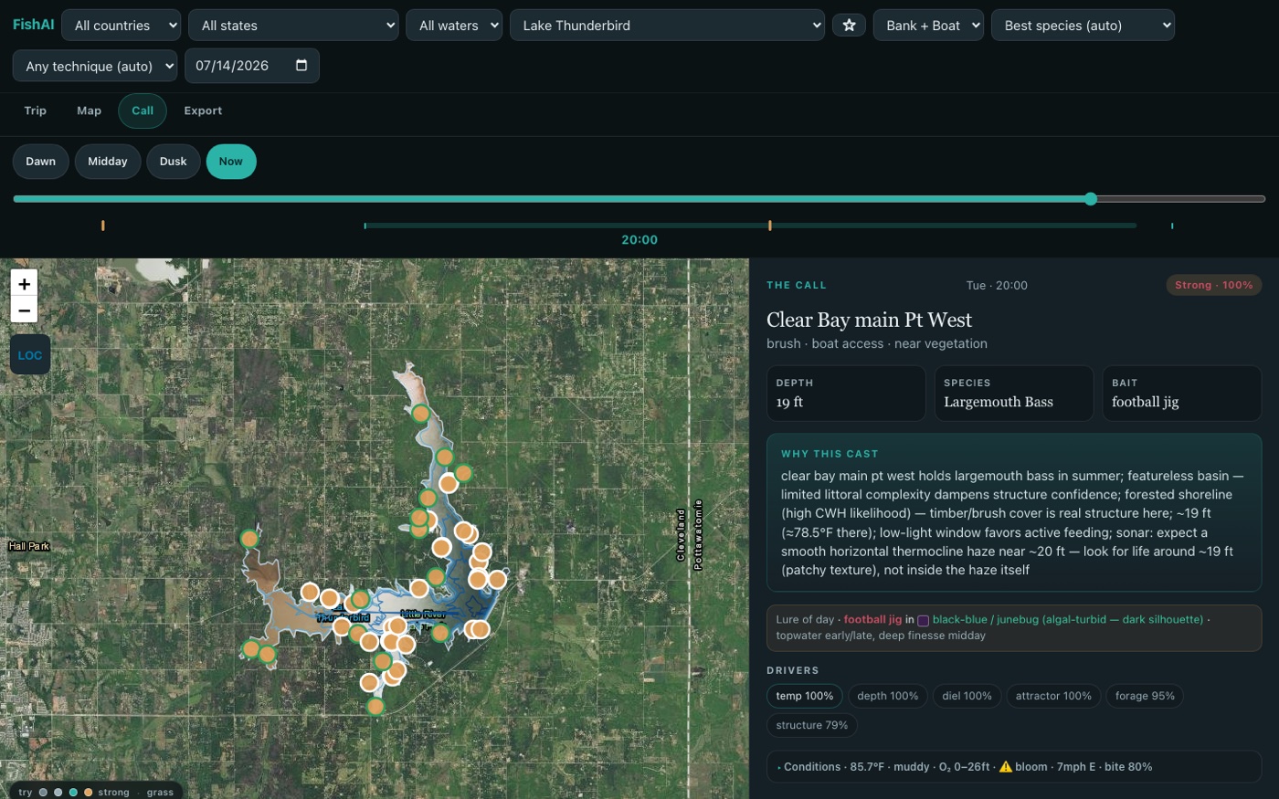 ReelyBiting fishing recommendation with species, depth, and bait details